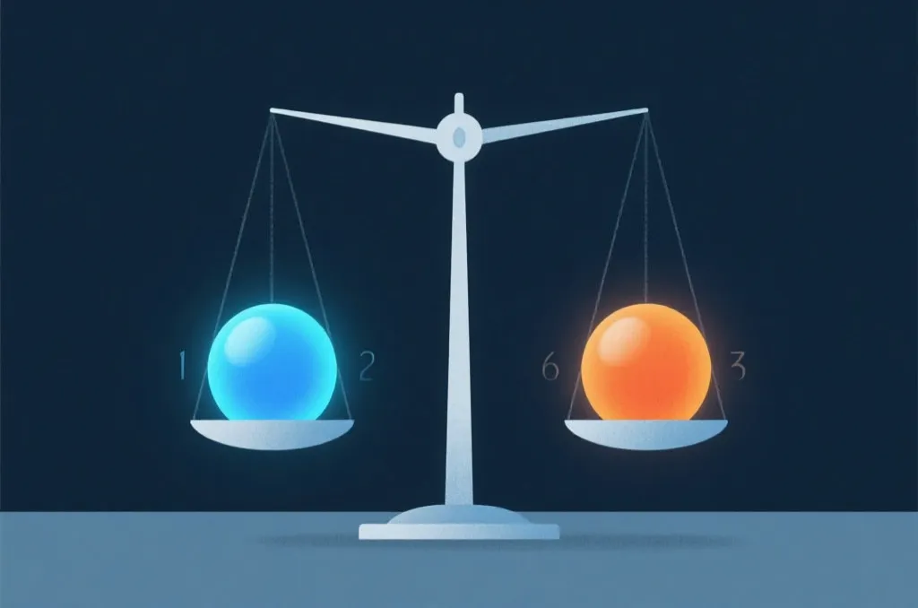 中性的天平与数据分析图表，体现两组数字的大小对比关系